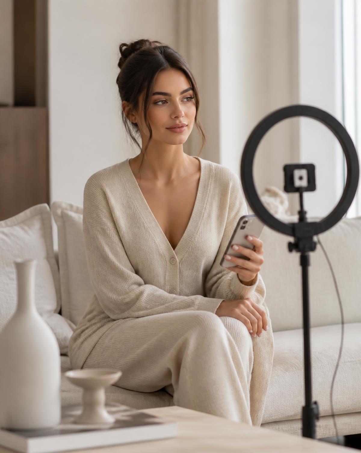 A creator filming content in a bright, minimal apartment